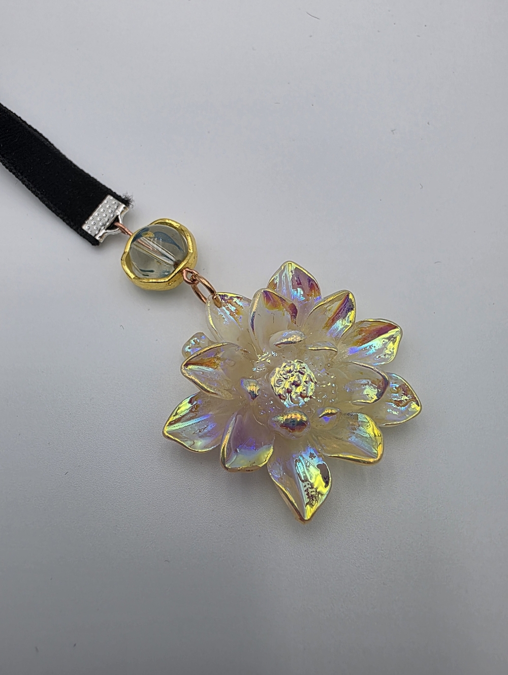 Iridescent Yellow Flower Keychain – Black Velvet Strap Bag Charm - Picture 4 of 5